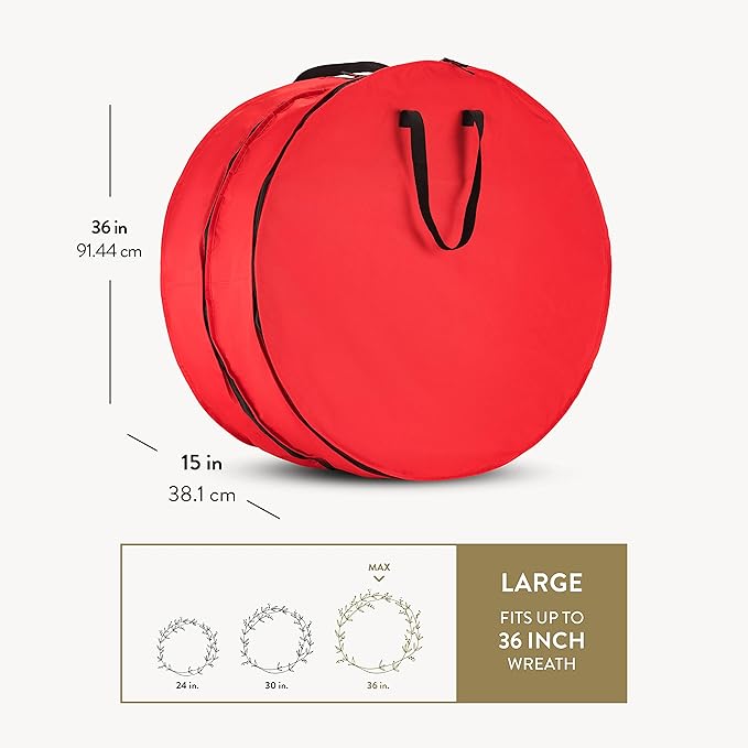 ZOBER Christmas Wreath Storage Container 36 Inch - Wreath Bag Fits 2 Wreaths Box - 600D Oxford Fabric - Interior Compartment for Storing Garlands, Wreaths Storage Bag W Strong Durable Handles - Red