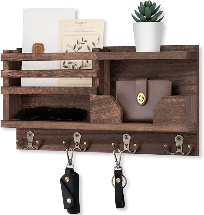 Mail and Key Holder for Wall – Decorative 15.9” x 8.7” x 3.2” Entryway Organizer with Shelf – Paulownia Wood with 4 Dual Hooks Includes Mounting Hardware and Installation Guide