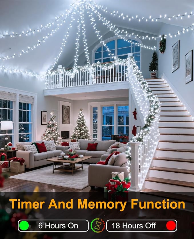 40FT 120 LED Christmas Lights Outdoor, White Christmas String Lights with 8 Modes & Waterproof, Connectable Plug in Christmas Tree Lights for Indoor Garden Tree Party Xmas Decorations