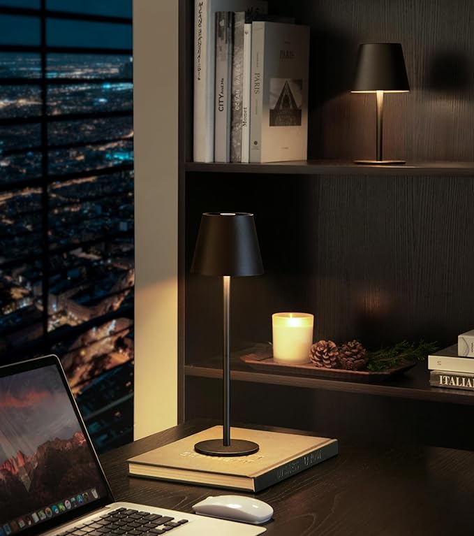 Cordless Table Lamp, Portable Battery Operated Lamp with 3 Color Temps and Stepless Dimming, Rechargeable Table Lamp for Dinner, Desk, Cafe, Outdoor (Black)