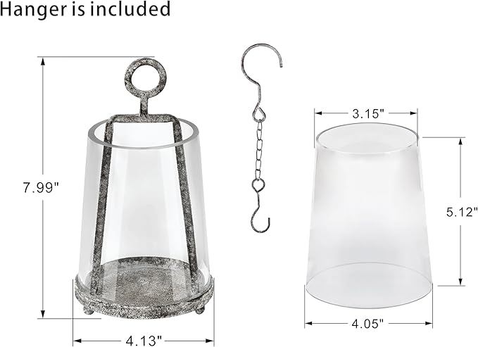 4" Wide Modern Farmhouse Metal Hurricane Candle Holder with Handmade Sturdy Glass Sleeve in Rustic Black for 2" Pillar Candle & Plants, Glass Hurricane Lantern, Industrial, Minimalistic