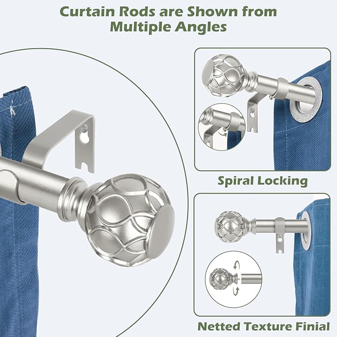 Silver Curtain Rods for Windows:Farmhouse Boho Decorative Curtain Rod for Bedroom Living Room,Heavy Duty Adjustable Rustic Drapery Pole Set with Vintage Coastal Finials,Antique Silver 36-88"