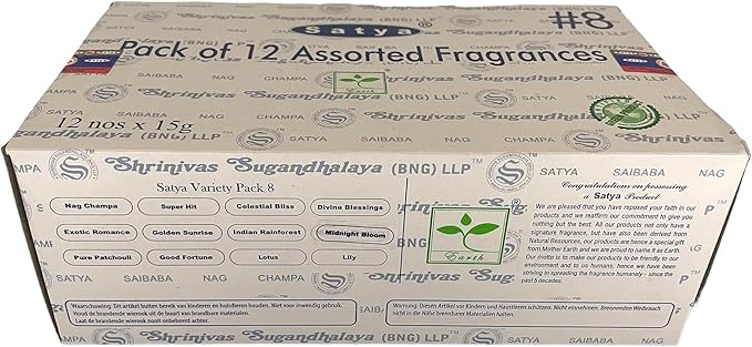 Satya Bangalore (BNG) Set of 12 NagChampa SuperHit CelestialBliss DivineBlessings ExoticRomance GoldenSunrise IndianRainforest MidnightBloom PurePatchouili GoodFortune Lotus Lily, VarietyPack08