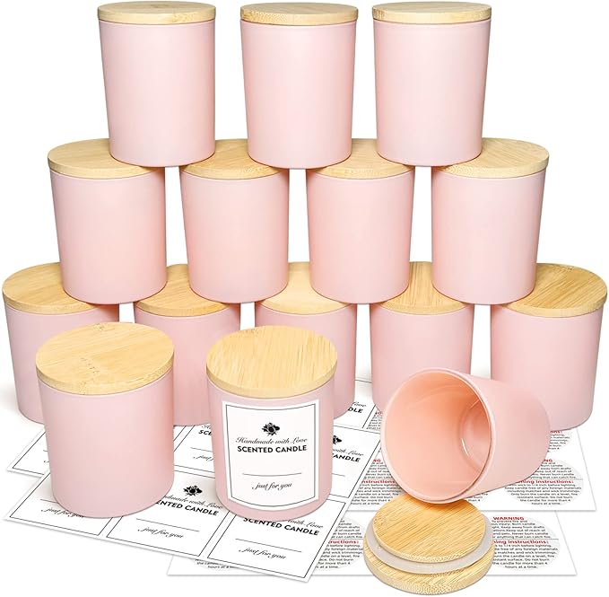 15 Pack Candle Glass Jars- 7oz Grayish Pink Empty Candle Jars with Bamboo Lids and Sticky Labels, Bulk Candle Jars for Making Candles Containers - Dishwasher Safe