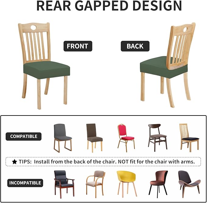 Easy-Going 100% Waterproof Seat Covers for Dining Room Chairs Set of 4, Stretch Chair Seat Slipcovers Protector Removable and Washable Kitchen Dining Chair Covers, Grayish Green