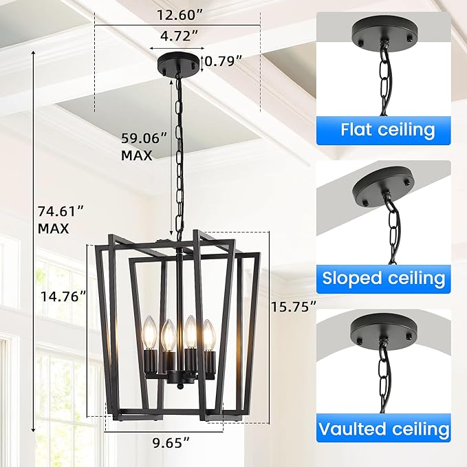 WJShome 4-Light Black Chandelier: A Must-Have Farmhouse Dining Room Light Fixture! Enjoy Modern Ceiling Lantern Pendant Style with Adjustable Height for Kitchen Island & Entryway