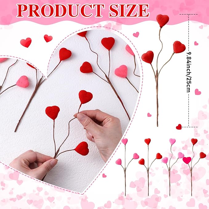 12pcs Valentine's Day Decoration Heart Shaped Artificial Berry Stems Valentines Picks Flower Bouquets Flocked Pink Red Decor for Valentine's Day Home Vase Table Centerpiece Tree Topper