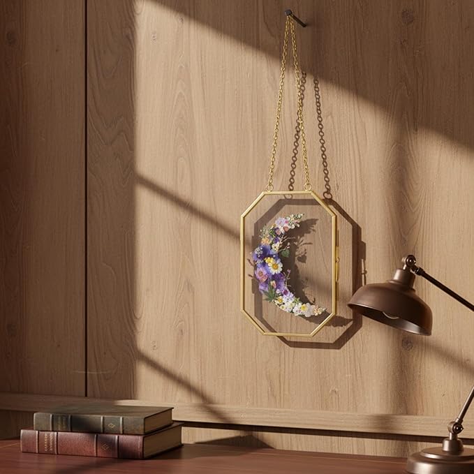 Pressed Flower Floating Frame with Tweezers,5.6x6inch, Gold Glass Hanging Brass Photo Frame with Chain, Double Clear Glass Vintage Octagon Design, Wall Craft Art Decor for Dried Plant Specimens Pictures Frame, Golden