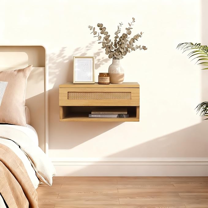 Floating Nightstand, Wall Mounted Rattan Bedside Bedroom with Drawer Nightstand, Small Floating Shelves, Floating Wood Bedside Table for Living Room Bathroom Natural 16”x 10”x 8”