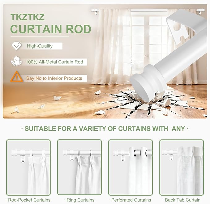 Sturdy Durable Curtain Rod:White Curtain Rods for Windows 36-88 Inch,Adjustable Heavy Duty Curtains Rod for Bedroom/Kitchen/Dorm/Apartment/Door,Small Modern Decorative Drapery Rods (All-Metal)