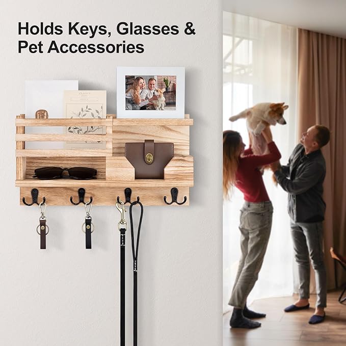 Mail and Key Holder for Wall – Decorative 15.9” x 8.7” x 3.2” Entryway Organizer with Shelf – Paulownia Wood with 4 Dual Hooks Includes Mounting Hardware and Installation Guide (Wood)