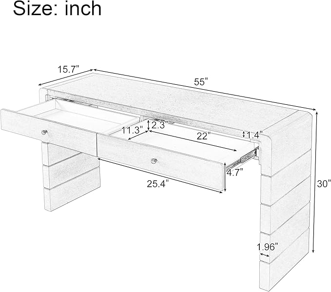 Unique Curved Console Table with 2 Top Drawers, Versatile 55'' Long Accent Entryway Table Sofa Table for Entrance, Hallway, Dinning Room, Living Room (Natural-2.25)