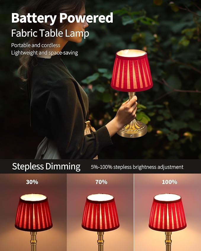 KDG Cordless Portables Table Lamp Set of 2, LED Fabric Shade Small Desk Lamps, 5000mAh Battery Powered Lighting, 2700K Stepless Dimmable Light for Living Room, Dining Room, Bedroom (Bronze+Red)