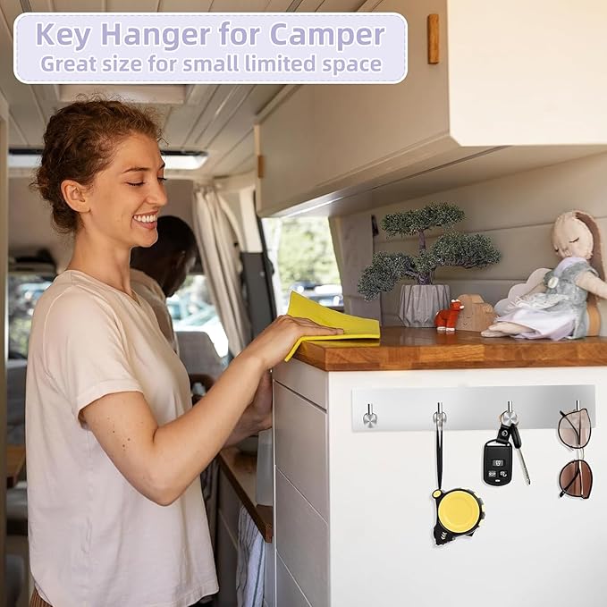 VIS'V Key Holder Wall Mount, Large Metal Self Adhesive Key Hanger with 4 Hooks, No Drilling, Extra Adhesive Strip, Silver