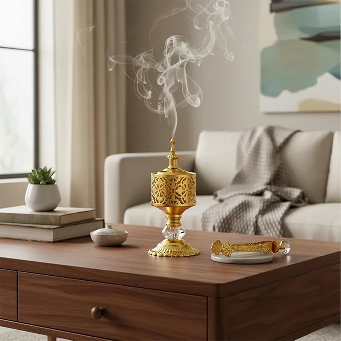 Gold Incense Burner with Tongs - Versatile Bakhoor Resin Thurible for Home, Yoga, Church & Spiritual Use