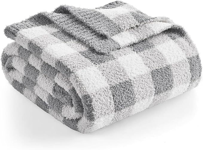 Snuggle Sac Checkered Throw Blanket for Couch, Super Soft, Cozy Warm Knit Decorative Blankets, Reversible Plaid Fluffy Throws for Sofa, Bed, Plaid Grey, 50x60 Inches