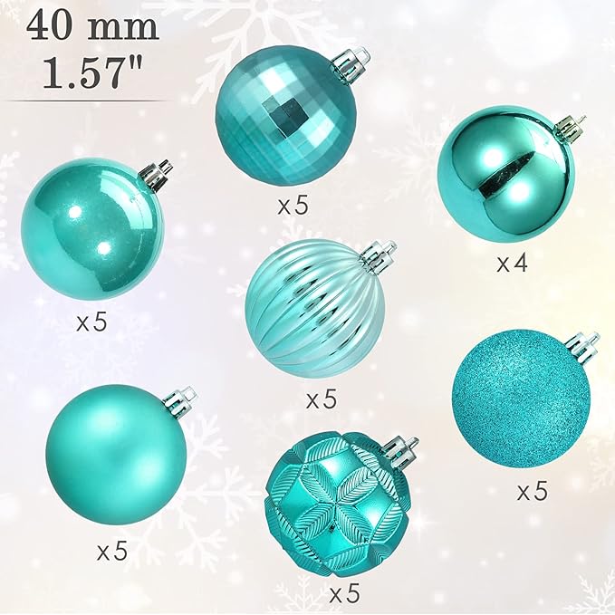 AMS 34ct Christmas Ball Mini Ornaments Party Decorations Shatterproof Festival Pendant Hangings for Xmas Tree Decor(1.57''/40mm,Teal)