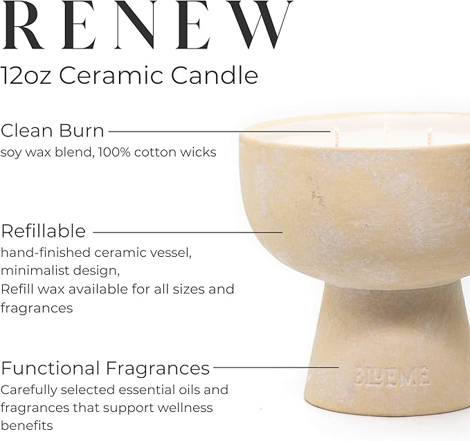 Blueme Renew Candle | Ivy & Rose | 3 Wick - Refillable Wellness Candle with Essential Oils, Hand Finished & Poured Soy Wax Blend Ceramic Vessel, Natural Cotton Wicks | Medium 12 oz