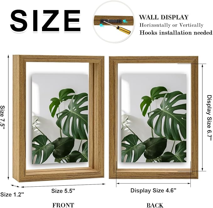 Egofine 5x7 Floating Frames Set of 2, Double Plexiglass Picture Frame, Made of Solid Wood Display Any Size Photo up to 5x7, Wall Mount or Tabletop Standing, Carbonized