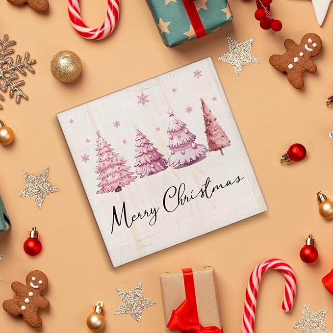 Merry Christmas Decorations - Pink Christmas Tree Wooden Sign, Cute Holiday Room Decor for Desk Table Shelf 5 X 5 Inches