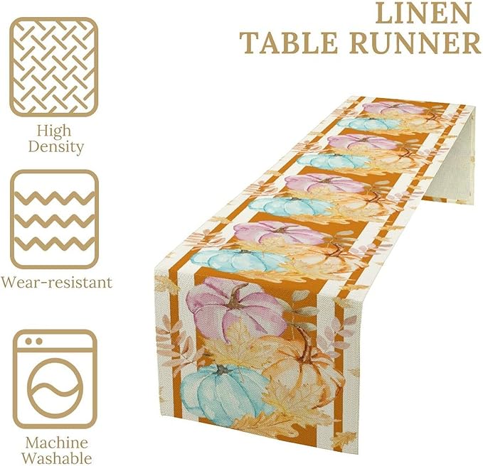 Watercolor Pumpkin Table Runner Rustic Farmhouse Autumn Plants Colorful Leaves Pastoral Harvest Theme Home Decor for Farmhouse Indoor Outdoor Party Holiday Dining Kitchen Restaurant Cafe W13xL120in