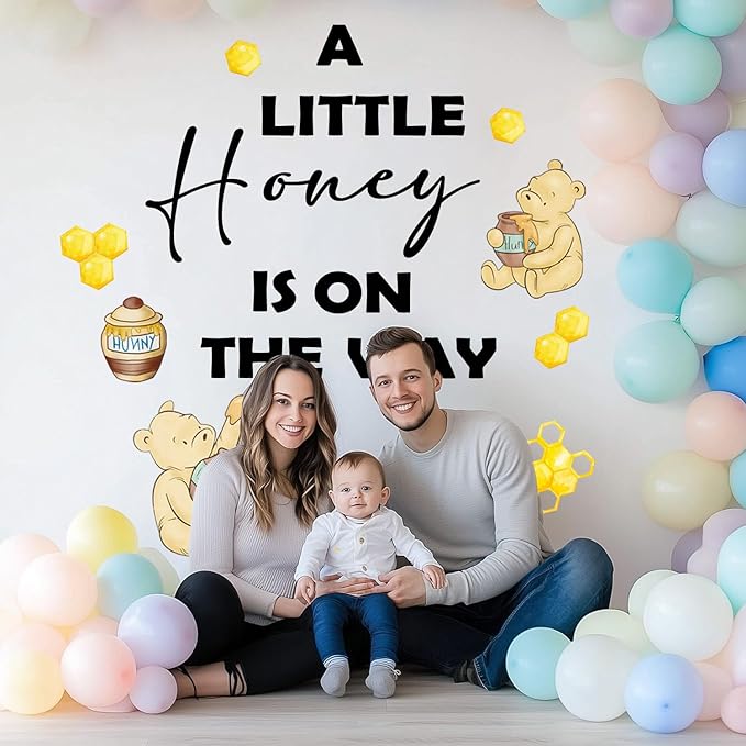 Winnie Baby Shower Wall Decals, Waterproof Stickers for Baby Shower Party, Gender Reveal Sign for Arch Backdrop, A Little Honey is on The Way Wall Decoration for Nursery Home
