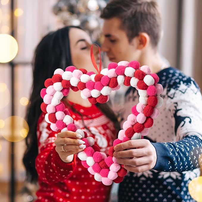 Valentine's Day Heart Felt Pom Pom Wreath, 13" Wool Felt Ball Heart-Shaped Valentines Door Wreath, Pink Felt Heart Wreaths for Valentine Decor, Pompom Valentine Wreaths for Wedding Holiday Anniversary
