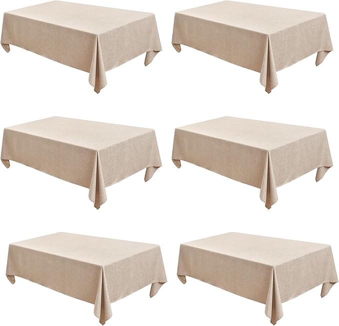 Fitable Faux Linen Beige Tablecloths for Rectangle Tables - 90 x 156 Inch - 6 Pack Fabric Textured Washable Table Clothes Floor Lenghth Table Covers for Wedding, Party, Banquet, Birthday