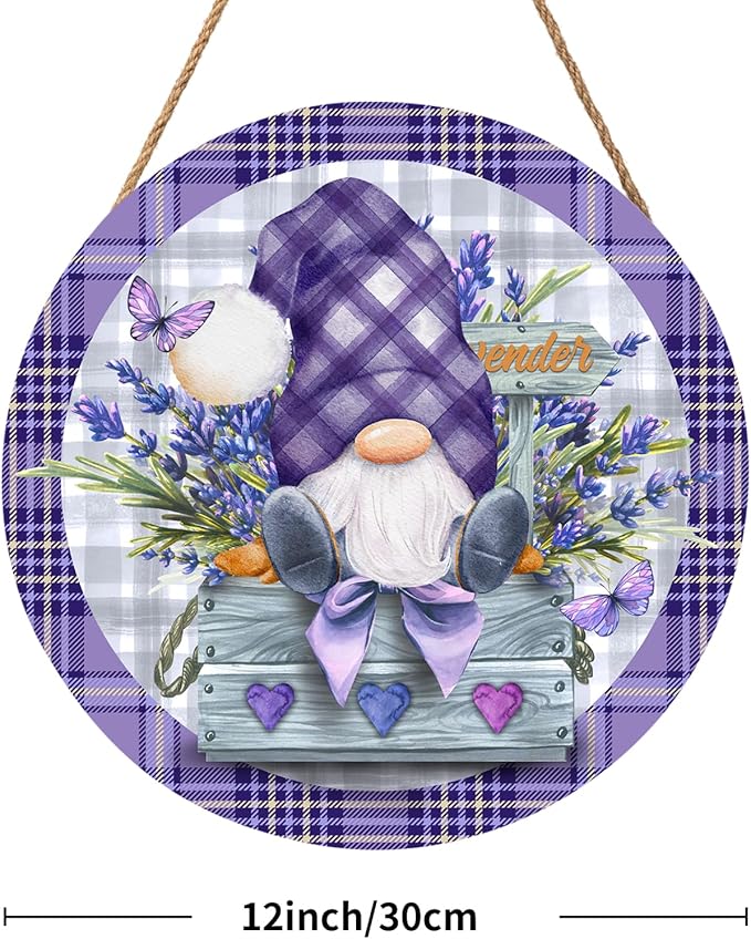 Spring Gnome Lavender Flower Sign for Front Door 12"x12" Summer Purple Floral Buffalo Plaid Wood Door Hanger for Outdoor Outside Porch Spring Summer Farmhouse Wooden Wreath for Wall Porch Yard