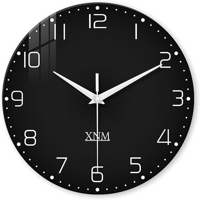 XNM Decorative Wall Clocks Battery Operated 14 Inch Black Wall Clock for Office Glass Modern Wall Clock Silent
