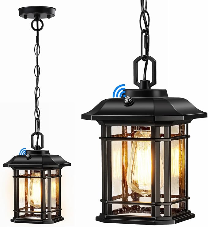 10.25'' Porch Pendant Lights - Dusk to Dawn Black Exterior Hanging Lanterns, Farmhouse Outdoor Ceiling Light Fixture, Waterproof Tempered Seed Glass Chandelier 1Pack