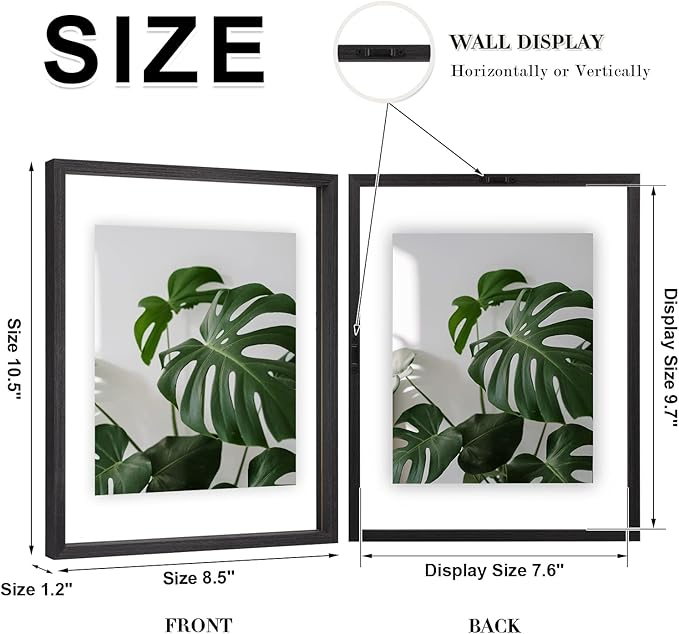 Egofine 8x10 Floating Frames Set of 2, Double Plexiglass Picture Frame, Made of Solid Wood Display Any Size Photo up to 8x10, Wall Mount or Tabletop Standing, Faded Black