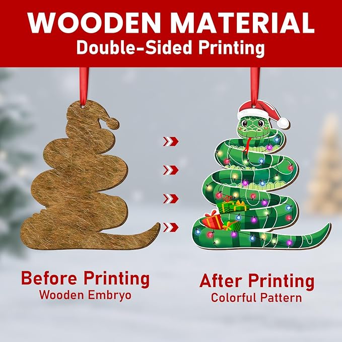 34HD Wooden Snake Christmas Ornament 2025 – Funny Holiday Tree Hanging Decor for Reptile Lovers, Animal Theme Xmas Gift for Kids Adults, Unique Wooden Snake Ornament for Her Him