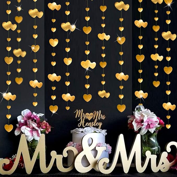 pinkblume Valentines Day Party Decorations Gold Heart Garland Hanging Streamer Banner for Anniversary Mothers Day Engagement Wedding Bridal Shower Baby Shower Bachelorette Birthday Hen Party Supplies