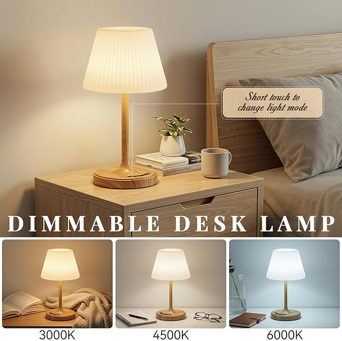 Cordless Table Lamp, Waterproof Shower Lamp, 4000mAh Rechargeable Table Lamps, 3-Color Dimmable Light, Battery Operated Lamp Desk Night Lamp for Bathroom Bedroom Patio Camping Restaurant (Wood Grain)