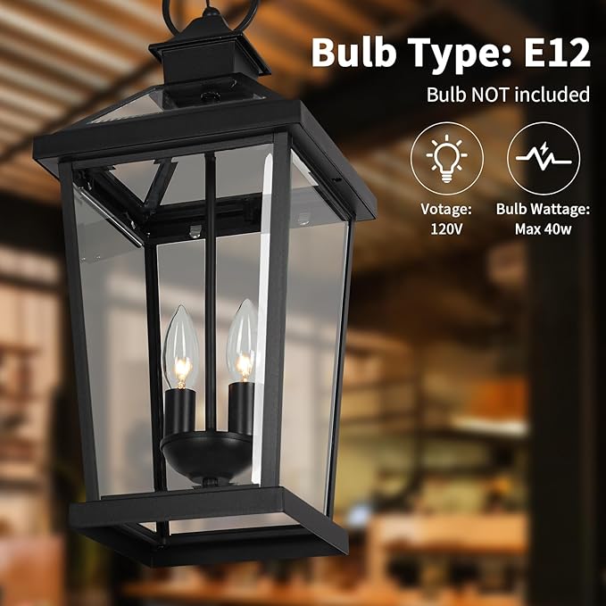 JYZ Outdoor Pendant Light Fixture, 20 Inch Waterproof Black Hanging Lantern with Clear Glass, Anti-Rust Exterior Chandelier for Porch, Patio, Entryway, Front Door JYOPL06-L