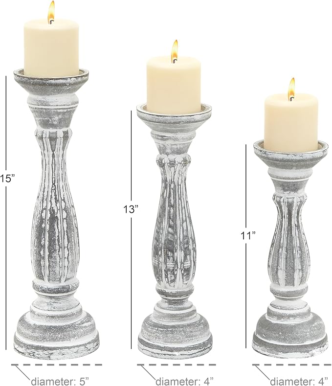 Deco 79 Wooden Decorative Candle Holder Distressed Turned Candle Stand, Set of 3 Candlestick Holder 15", 13", 11"H, Gray