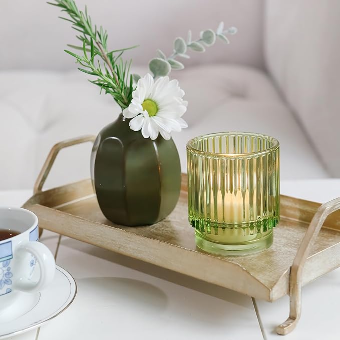 Kate Aspen Vintage Ribbed Glass Candle Holder Decor, Green Votive Candle Holders for Holiday Table Decor, Tealight Candles Holder Glass (Set of 6), Dinning & Christmas Table Decoration (Pack of 6)