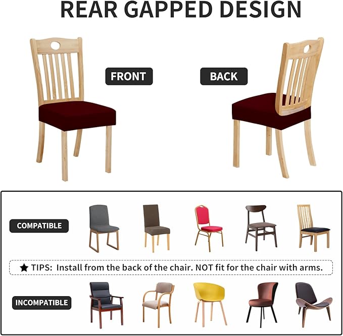 Easy-Going 100% Waterproof Seat Covers for Dining Room Chairs Set of 2, Stretch Chair Seat Slipcovers Protector Removable and Washable Kitchen Dining Chair Covers, Wine