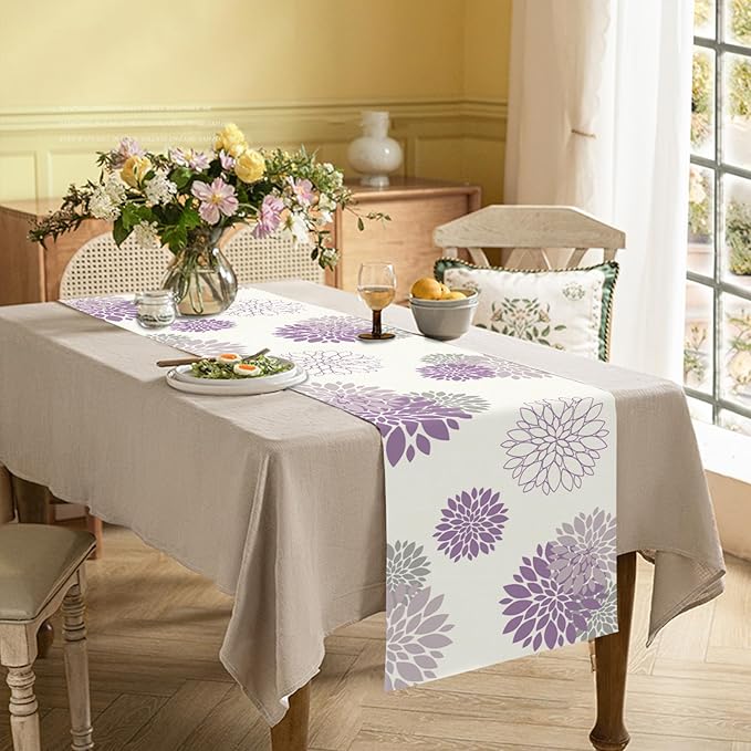 Purple Dahlia Table Runner Modern Elegant Flower Beige Table Runners Geometric Pompon Farmhouse Coffee Table Center Decor for Home Kitchen Dining Party Indoor Outdoor (13x108 Inch)