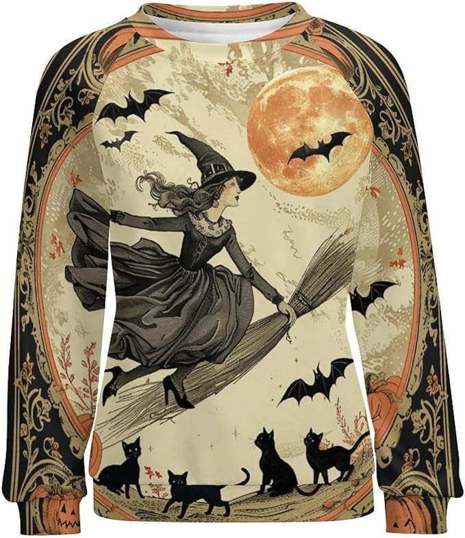 Halloween Sweatshirts for Women Funny and Spooky Print Crewneck Oversized Pullover Outdoor Lounge Fashion Sweater