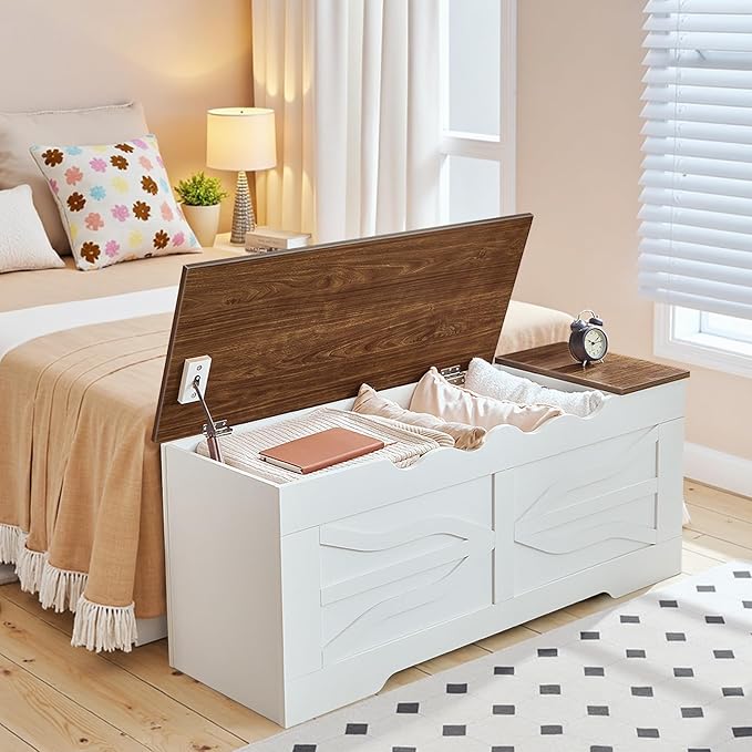 HOOBRO Storage Bench, 47.2'' Toy Box with Safety Hinges, Farmhouse Storage Chest with Side Storage Cubby, for Entryway, Bedroom, Living Room, White and Walnut WH96CW01