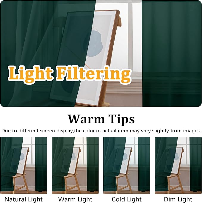 Gwine Hunter Green Valances for Windows, Small Light Filtering Rod Pocket Cafe Valance Curtains, Soft Sheer Curtain for Bathroom Laundry Basement, 42Wx14L inch, 2 Pieces