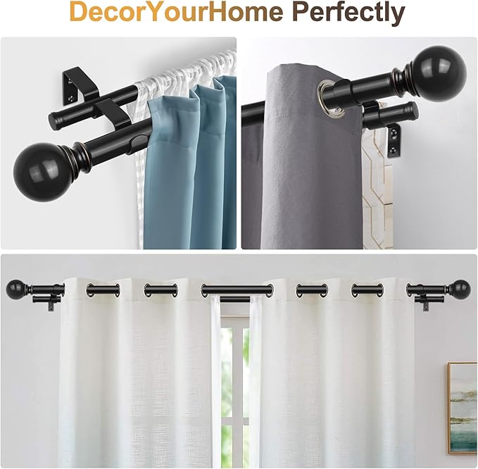 KAMANINA 1 Inch Black Double Curtain Rod 66 to 120(5.5-10Feet), Telescoping Splicing Drapery Rods for Windows 54 to 115 Inches, Window Curtain Rod with Round Finials
