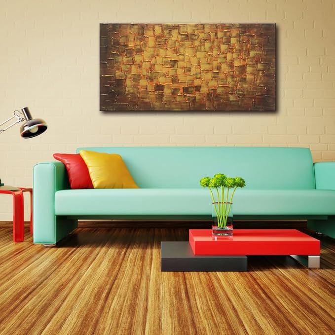 MyArton Textured Abstract Squares Canvas Wall Art Hand Painted Modern Golden Yellow Oil Painting for Decoration Ready to Hang 48x24inch