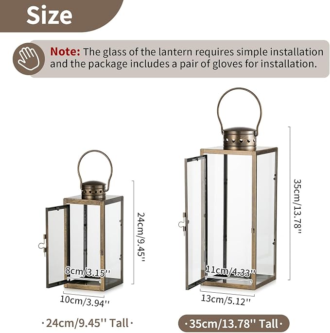 NUPTIO Large Lanterns Decorative Outdoor: 13.8 inches Tall Rustic Floor Metal Lantern with Glass - Vintage Gold Candle Holder for Wedding Christmas Fireplace Table Porch Door Garden