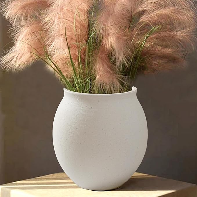 Large White Ceramic Vase, Wide-mouthed Round Planter with Drainage Hole, 9.7 Inch Tall, Minimalist Home Decor for Indoor Plants, Flowers, Table, Shelf,Floor, Living Room, Wedding (Sandstone White)
