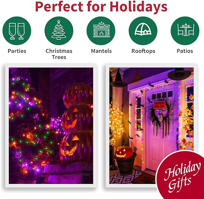 LAMPHOME 33ft Halloween Decorative Mini Lights, 100 LED Brown Wire Fairy Starry String Lights Plug in, 16Lighting Modes for Halloween Outdoor Party Decoration (Orange/Purple/Green)