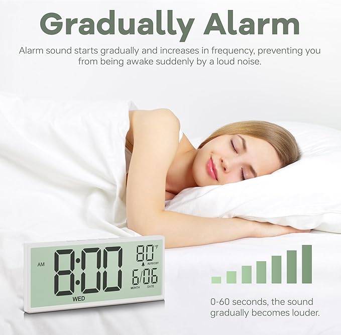 JALL 14.5" Large Digital Wall Clock Battery Operated with Big Digits LCD Screen Display, Day, Date, Alarm, Auto DST, Temperature for Living Room, Bedroom, Desk Decor, Mounted, Gift for Elderly