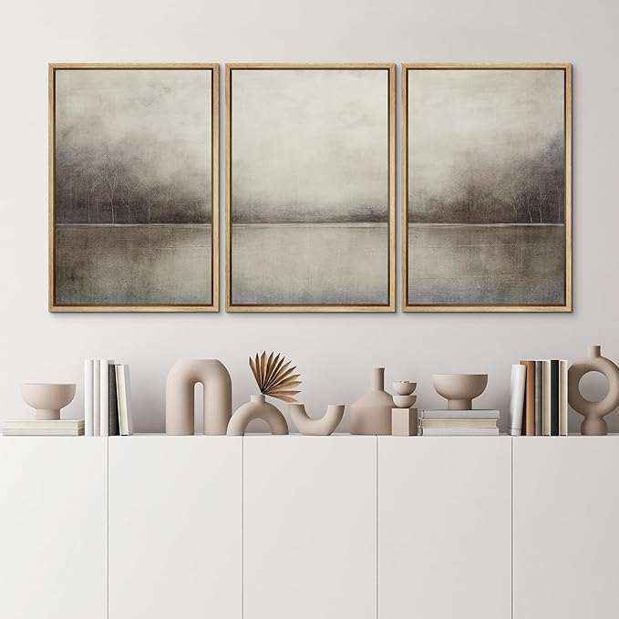 MUDECOR Framed Canvas Print Wall Art Set Abstract Landscape Nature Wilderness Illustration Modern Art Decorative Realism Rustic Vintage for Bedroom - 16"x24"x3 Natural